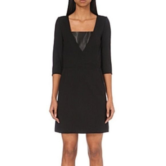 The Kooples Black Faux-Leather V-Neck Mini 3/4 Sleeve Sheath Dress Medium - Picture 1 of 14
